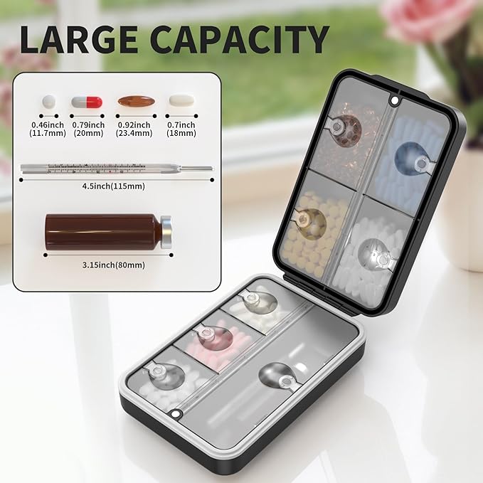 Restree Weekly Pill Organizer 8 Compartment, [Triple Seal Magnetic Lock] Travel Pill Case with Labels & Inner Lid, Moisture Proof for Vitamins, Fish Oil, Supplements, Daily Meds – 7+1 Large (Black)