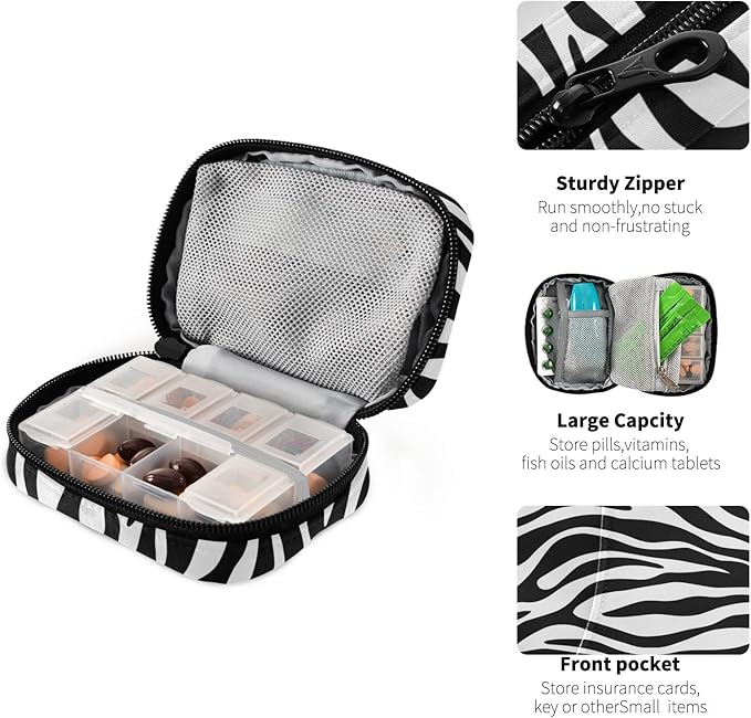 xigua Zebra Pill Case 7-Day Travel Pill Organizer Box with Zipper Closure for Vitamins, Medication and Supplements