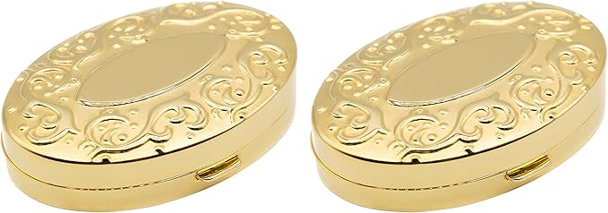 Set of 2 Oval-Shaped Pocket Purse Pill Box & Organizer with Dual Compartments (Gold Victorian)