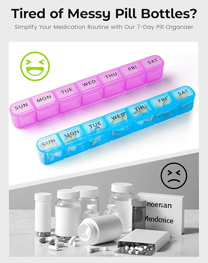 2 Pack Weekly Pill Organizer, Large 7 Day Pill Box, BPA-Free Travel Medicine Case, Easy Open & Secure Close, Portable Pill Holder for Vitamins, Supplements & Medications - Blue&Purple