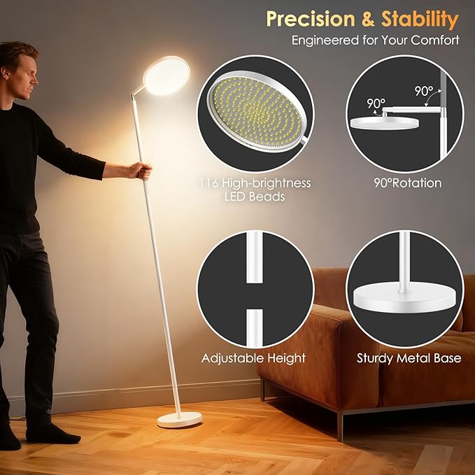 Sun Lamp for Happy 12000 Lux, Sunlight Lamp Full Spectrum, Sun Light lamp with 10 Brightness Levels 5 Color Modes, Adjustable Height, Remote & Timer for Reading, Office