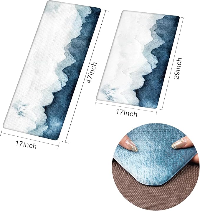 QiyI Floor Comfort Mats 2 Pieces Kitchen Rugs Leather Waterproof Oil Proof Runner Non Skid Standing Mat Set Anti Fatigue Padded Doormat 17" W x 29" L + 17" W x 47" L - Blue White Watercolor Mountain