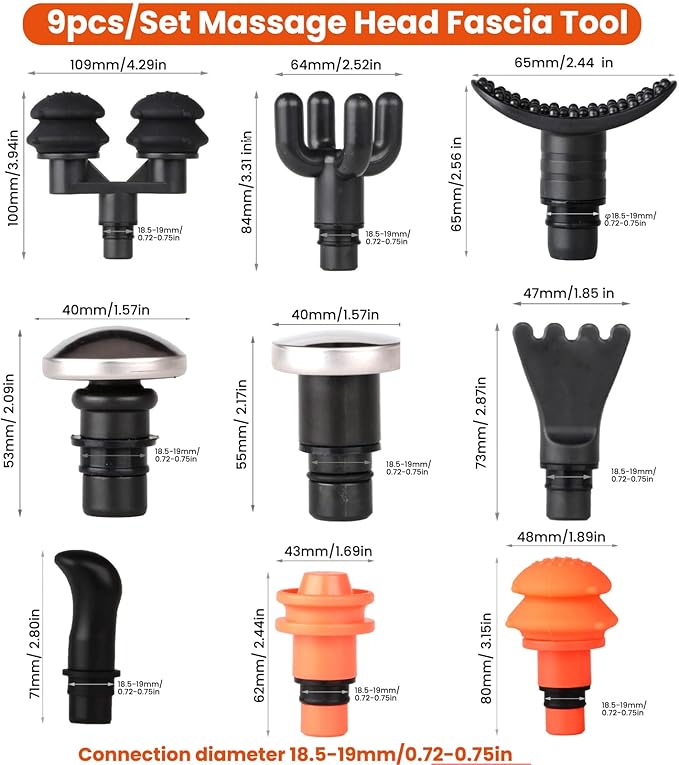 9Pcs Replaceable Massage Gun Heads - Deep Tissue Muscle Attachments and Accessories for Massage Gun - Plug-n-Play Adapter Set