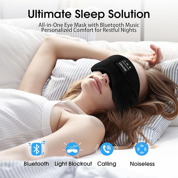 LOVE EYE Sleep Headphones Bluetooth 5.4 Sleeping Eye Mask Wireless Music Earphones with HD Speakers for Side Sleepers Total Blackout Cotton Mask for Travel, Home, Office, Unique Gifts