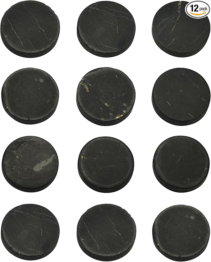 12 pcs Authentic Shungite Stickers Unpolished 20 mm / 0.78" Genuine Healing Energy Stone Protection Plate for Cell Phone Case Tablet Laptop Computer Noble Gemstone Protector Crystal