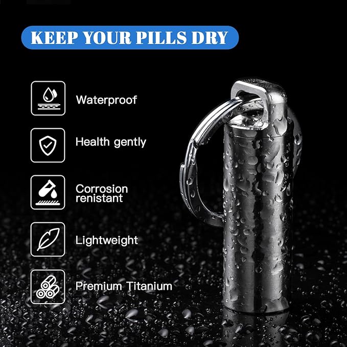 TISUR Portable Pill Cases, Metal Titanium Pill Holder Pocket Pill Box Keychain Waterproof Pill Bottle Medicine Organizer Case Container for Travel Purse Outdoor Camping