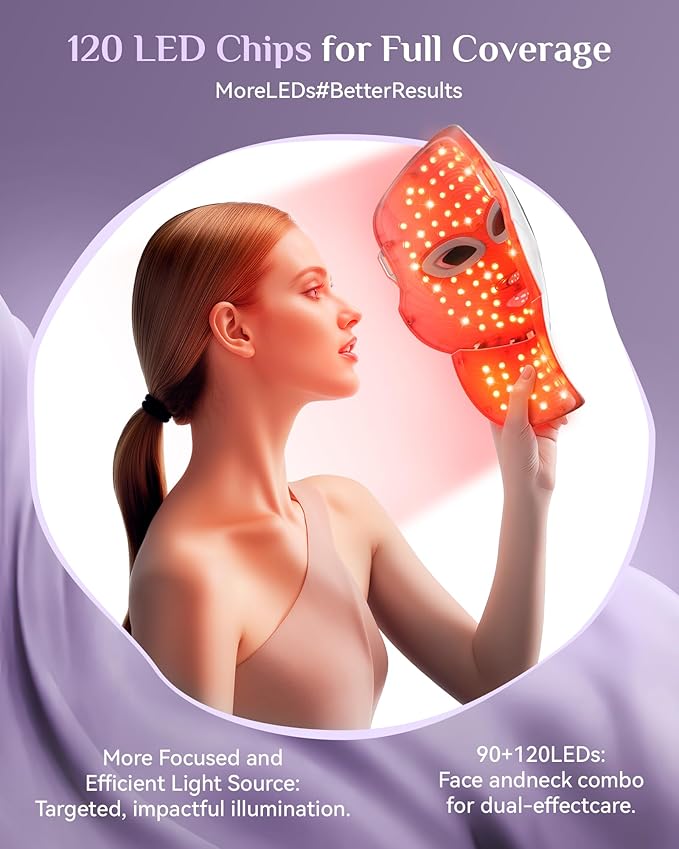 Red Light Therapy for Face- LED Light Therapy Mask Skin Care Mask,Cordless LED Face Mask face & Neck Red & Infrared Lights Masks Wavelength,USB C Rechargeable for Home Use Working Travel Yoga