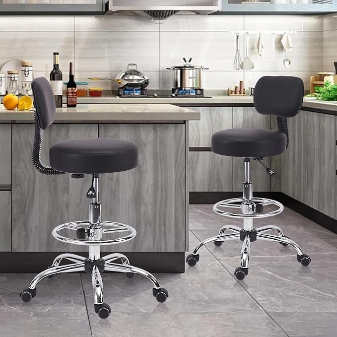 Drafting Stool Chair with Ergonomic Backrest & Footrest, Padded Leather Seat Adjustable Height 360° Swivel Rolling Stools, Tall Office Chair for Standing Desk, Counter, Medical, Black, 4 Pack