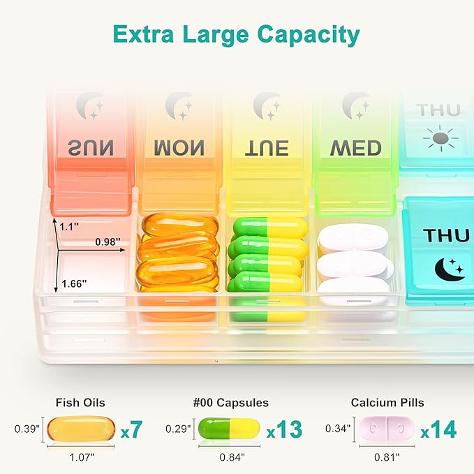 Fullicon Large-Capacity Pill Organizer 2 Times a Day, Fast-Refill Medicine Pill Organizer, Pill Box, Travel Pill Box, Medicine Organizer, AM PM Weekly Pill Case (Clear Rainbow) Patent Pending