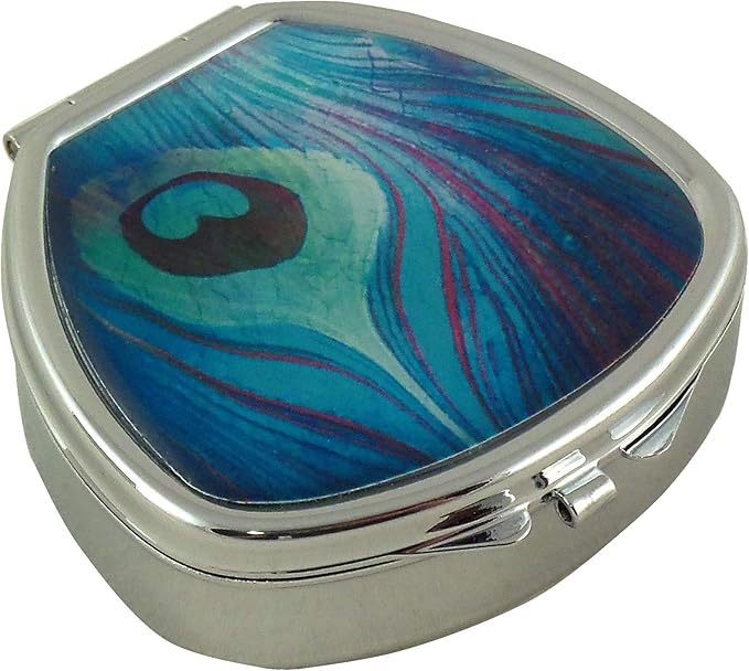 Houder Designer Pill Box - Decorative Pill Case with Gift Box - Carry Your Meds in Style (Peacock Feather)
