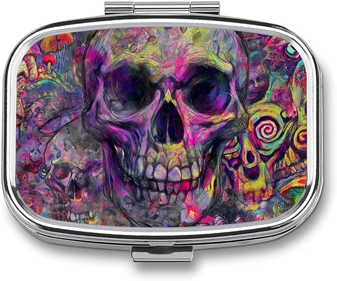 Metal Pill Organizer – 2-Compartment Pocket Pill Box for Vitamins, Supplements, Medications – Compact Travel Case (Psychedelic Skull Frenzy)