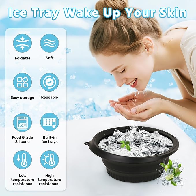 Face Tub for Ice Bath with Built-in Ice Tray – Collapsible Silicone Facial Ice Bath Bowl for Cold Plunge Therapy, Skin Tightening & Acne Relief – Portable Spa Tool for Home & Travel (Black)