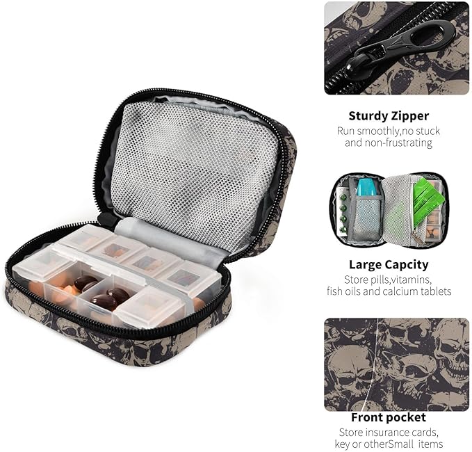 Skull Pill Box 7 Day Pill Case Travel Pill Organizer Bag Container for Medicine with Zipper Portable Weekly Case Compact Size for Medicine, Vitamin, Supplement