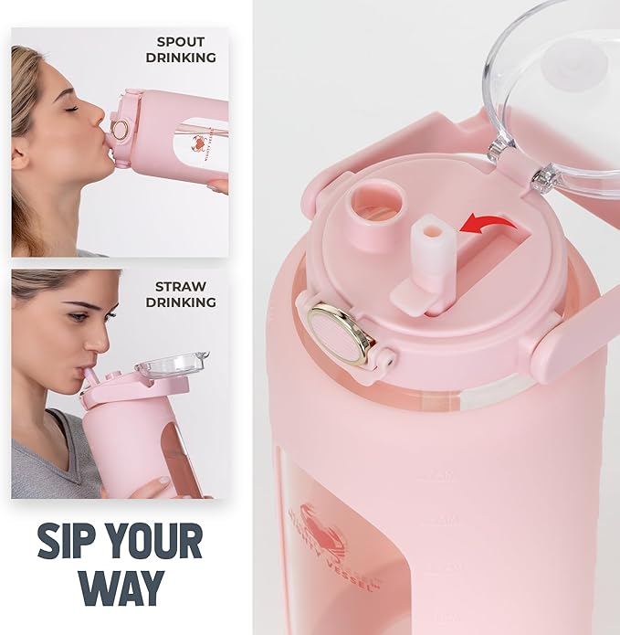 64 Oz Water Bottle with Time Marker & Straw - Pink Pregnancy 2 Liter Glass Water Bottles with Measurements - Daily intake bottle - Leakproof Borosilicate jug