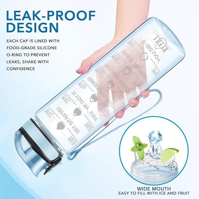 Enerbone Water Bottle, Leakproof BPA & Toxic Free, Motivational Water Bottle with Times to Drink and Straw, Fitness Sports Water Bottle with Strap for Office, Gym, Outdoor Sports