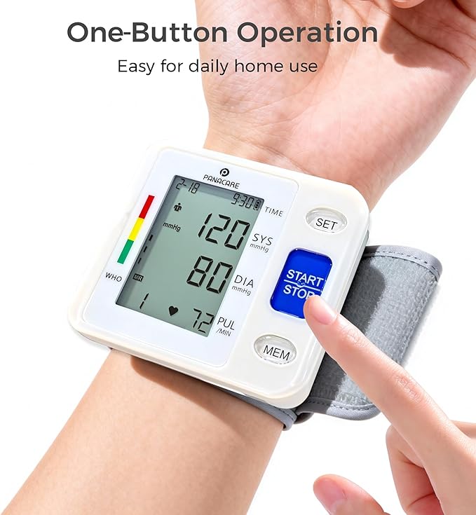 P PANACARE Wrist Blood Pressure Monitor for Home Use, Large LCD Backlit Display, Portable and Lightweight, 298 Memory Storage for 2 Users with Carrying Case