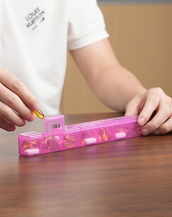 2-Pack Weekly Pill Organizer, 7 Day Large Pill Box with Clear Compartments, BPA-Free Medicine Case, Easy Open & Secure Close, Travel Pill Holder for Vitamins & Supplements - Pink&Purple
