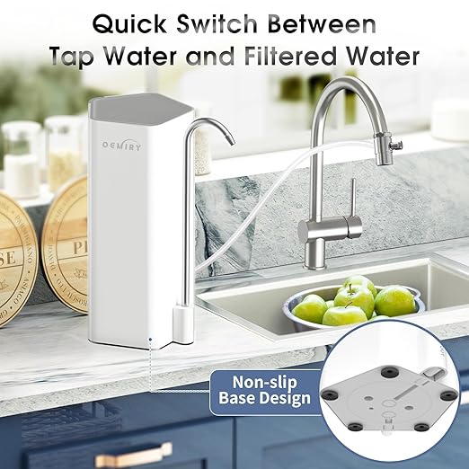 Countertop Water Filter, 8000 Gallons Alkaline Water Filtration System for Sink Faucet, Reduces 99.99% Chlorine, Heavy Metals, Bad Odor, OM-CF04 Included 1 Filter