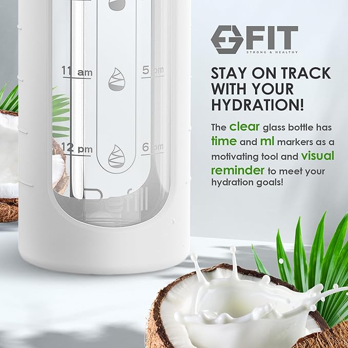 FIT Strong & Healthy 32 oz Glass Water Bottle with Straw Lid - Wide Mouth Borosilicate Glass Water Bottles with Time Marker, Silicone Sleeve & Extra Lid - 1L Large Motivational Drinking Bottle