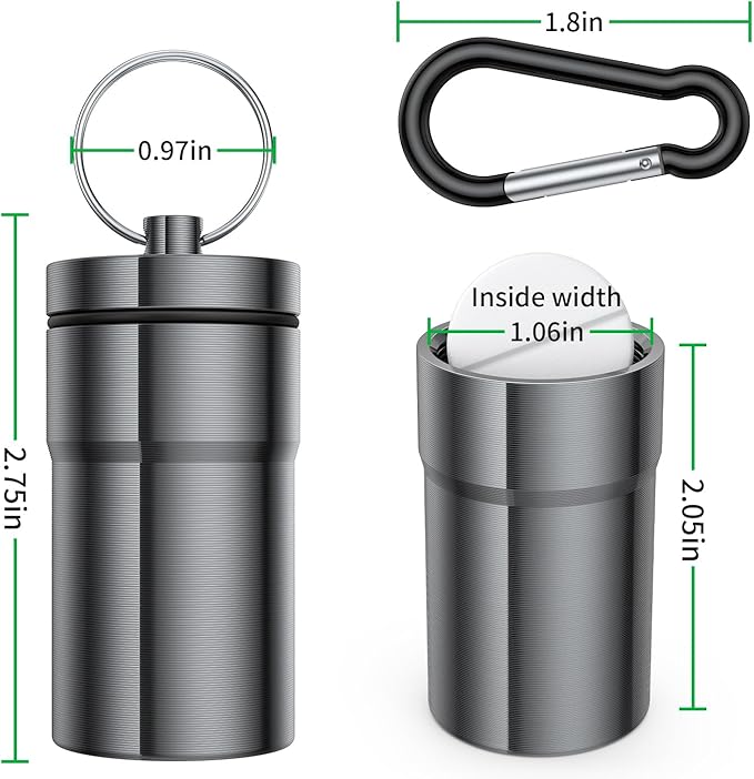 Portable Pill Case Keychain (2 Pack), Large Waterproof Aluminum Pill Container for Round Glucose Tablets & Critical Medicine, Small Pill Holder Travel Pill Box Bottle with Carabiners (Grey Blue)