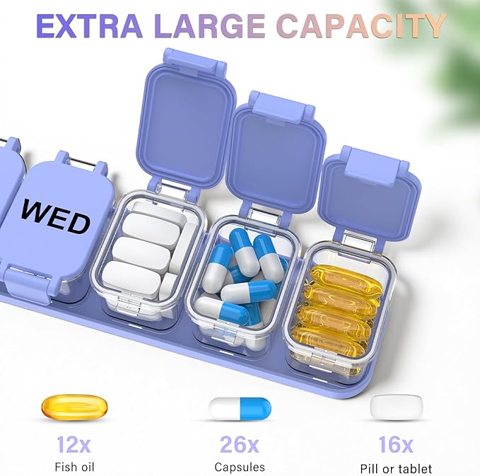 2-Pack Extra Large Weekly Pill Organizer, Travel Pill Box 7 Days, XL Vitamin Holder with 7 Detachable Compartments, Daily Pill Case for Home and Travel