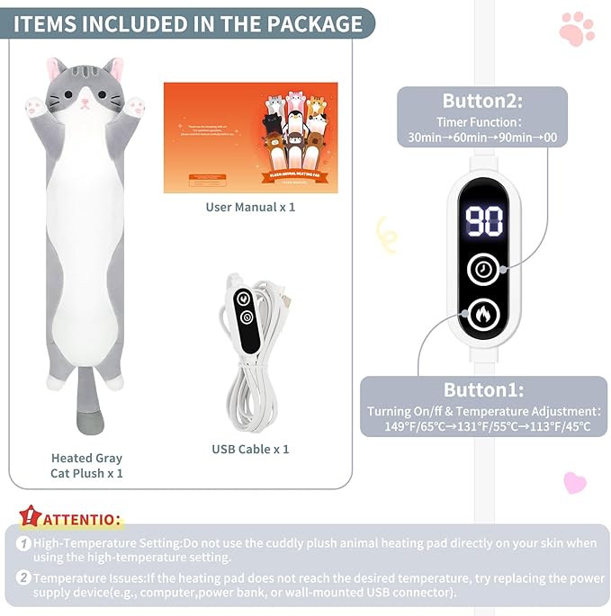 Cat Heating Pad-USB Heated Plush Stuffed Animals for Period Cramps and Menstrual Pain Relief,22” Portable Electric Kitten Heating Pads,Built-Pocket Plushie Women Girls Birthday Gifts,Gray