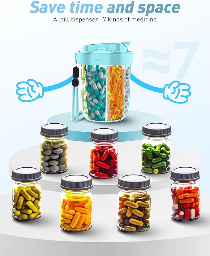 Large Pill Dispenser to Store 7 Various Supplements - Pill Organizer & Supplement Organizer for Travel, Anti-Mixing Design, with Strap & 20 Sticky Labels (Blue)