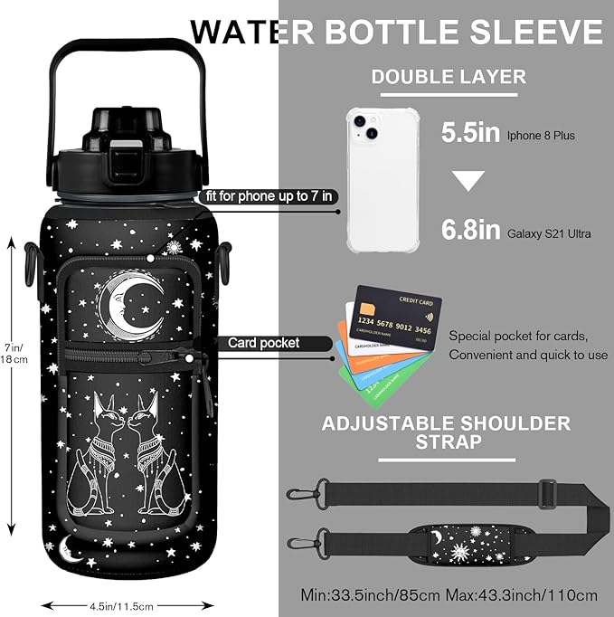 Goth Black Moon Half Gallon Water Bottle with Sleeve -Flip Top Bpa Free 64 OZ - Motivational Time Marker Leakproof Water Jug - Goth Gifts for Women - Halloween Moon for Gifts