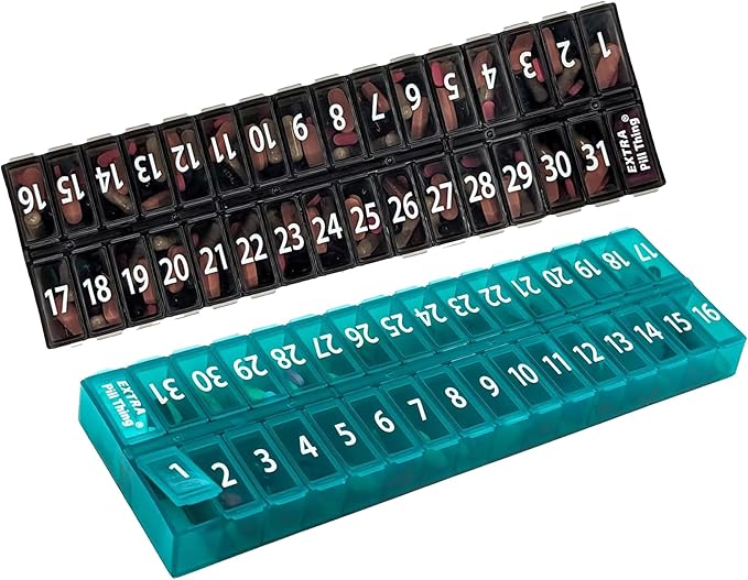 AM PM 31 Day Once-a Day Monthly Pill Planner Organizers - Large Compartment Pill Boxes Store Medications for Entire Month Plus Compartment for Extra Pills (AM/PM) (Am/Pm Black & Teal)