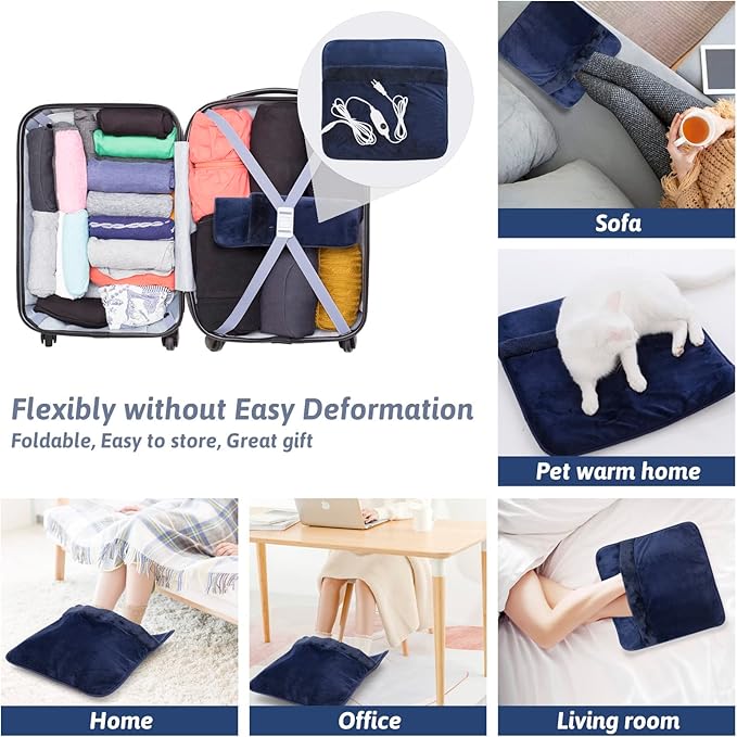 Double Sided Electric Foot Warmer with LCD Display & Machine Washable, Electric Feet Heating Pad with Non-Slip for Under Desk,Bed,Office,Home,Blue,20''*20''
