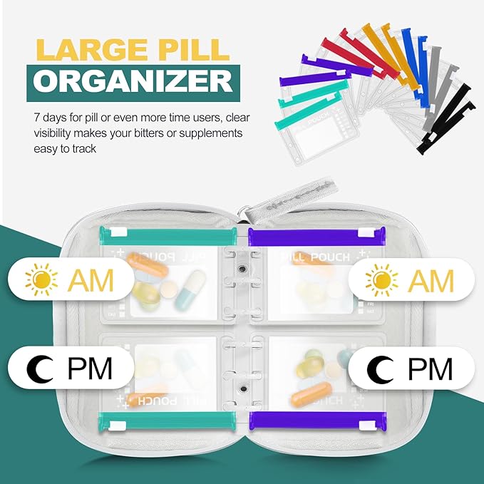 A7 Waterproof Pill Organizer with 14 S Zippered Pill Pouches for A7 Binder, Small BPA-Free Weekly Medicine Organizer, Color-Coded Reusable Travel Pill Storage System