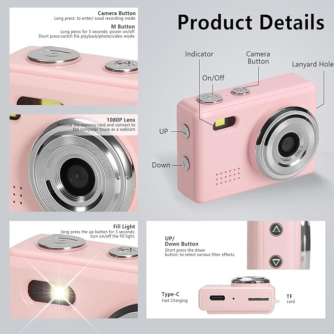Mini Keychain Camera, FHD 1080p Mini Digital Camera with 32GB SD Card, Flash, 6 Creative Filters, 0.96" HD Display, 100 Mins Battery Life for Travel Recording Birthday Gifts (Modern, Pink1)