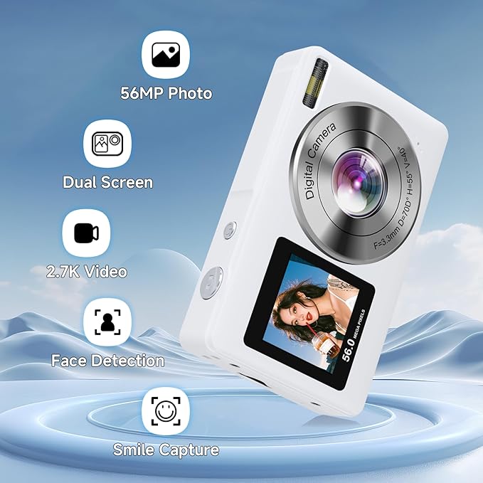 Digital Camera, 56MP 2.7K Dual-Screen Selfie Camera with 16X Zoom, 20 Filters & Anti-Shake, Portable Point and Shoot Digital Cameras with 32GB Card, Compact Travel Cameras for Beginners Teens Kids