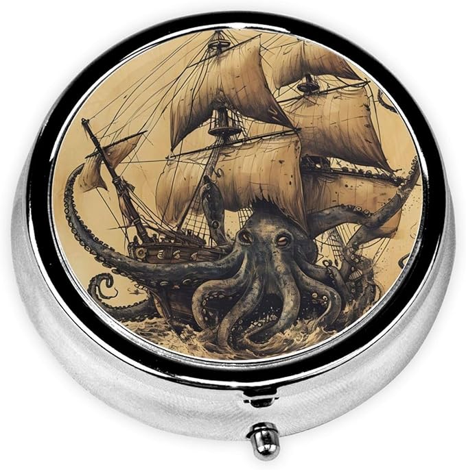 Vinatge Octopus Vessel Ocean Pill Box 3 Compartment Pill Case, Portable Medicine Pill Organizer for Pocket Purse Pill Box Decorative Metal Medicine Vitamin Organizer