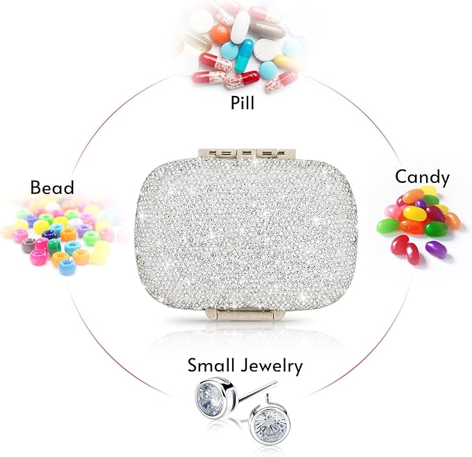 Soleebee Portable 8 Compartments Daily Pill Organizer, Bling Crystal Diamond Pill Box, Small Travel Pill Case, Pill Dispenser, Medicine Container Organizer to Hold Vitamin, Fish Oil (Silver)