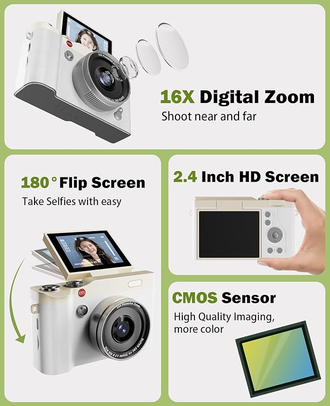Kids Digital Camera 64MP 1080P 2.4" Flip Screen 32GB SD Card Camera for Kids Girls Toys 3-12 Year Old Girl Gifts