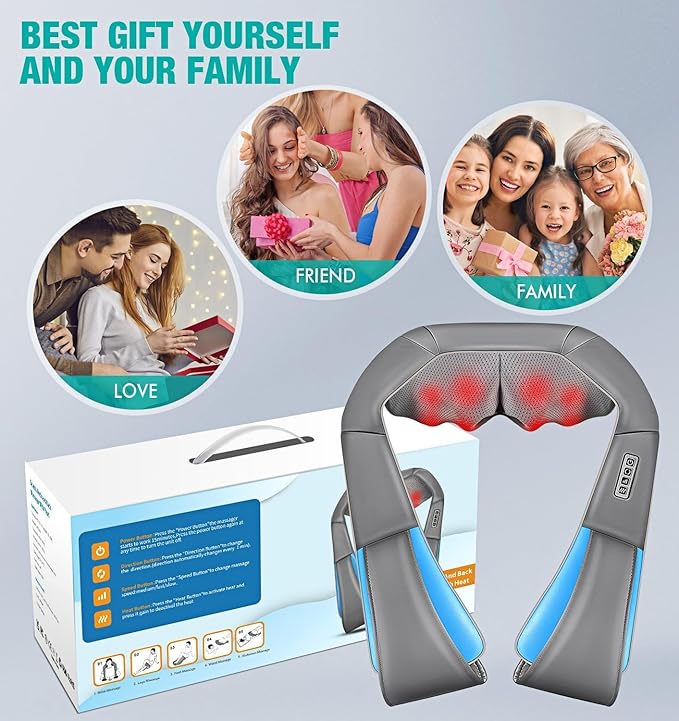 Shiatsu Neck and Back Massager with Heat, Deep Tissue 4D Kneading Massage Pillow for Neck, Back, Shoulder, Leg, Body Muscle Pain Relief, Use at Home, Office, Car