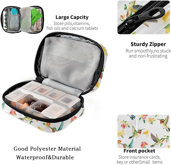 Fustylead Beautiful Hummingbirds and Flower Pill Organizer for Purse, Weekly Portable Pill Box with Zipper to Storage Vitamins Fish Oils Medications Supplements