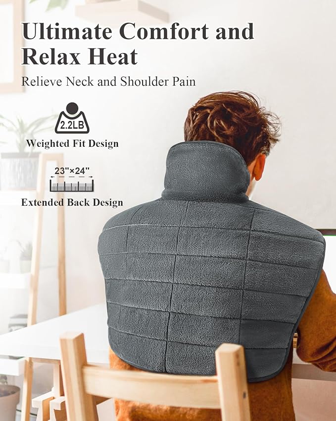 Heating Pad for Neck and Shoulders and Back, 24"x23" XL Large Electric Heated Wrap for Daily Relaxation, Gifts for Women Men, 2lb Weighted, 6 Heat Settings, 4 Timers, Silver Grey