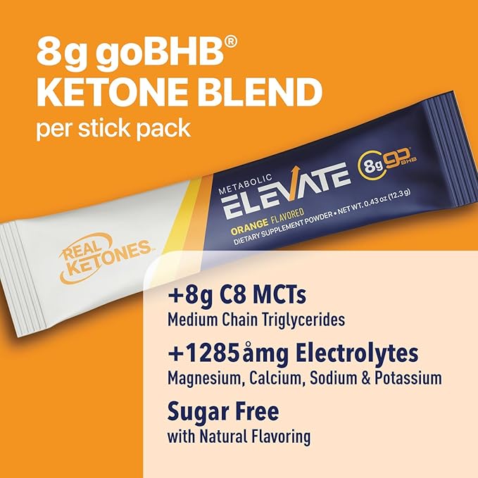 Real Ketones MCT & BHB Exogenous Ketones Drink Mix Packets Elevate Keto Electrolytes Powder Packets No Sugar with 4 Main Electrolytes Plus Hydrating Proprietary Keto BHB - 7-Pack Orange