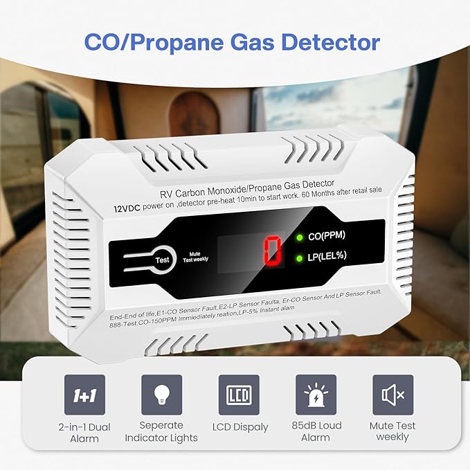 RV Carbon Monoxide & Propane Gas Detector, Dual LP/CO Gas Alarm with Separate LCD Indicator Lights, 85dB Loud Alarm, Carbon Monoxide Propane Gas Leak Detector for RV and Home Use-12V DC