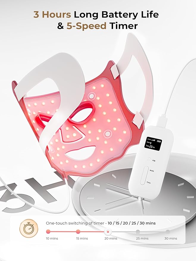 LED Light Therapy mask (E106A) for Face, LED Light Therapy Mask with Adjustable Brightness and Timer, Soft Silicone Red Light Therapy Mask for Home & Travel, Pink