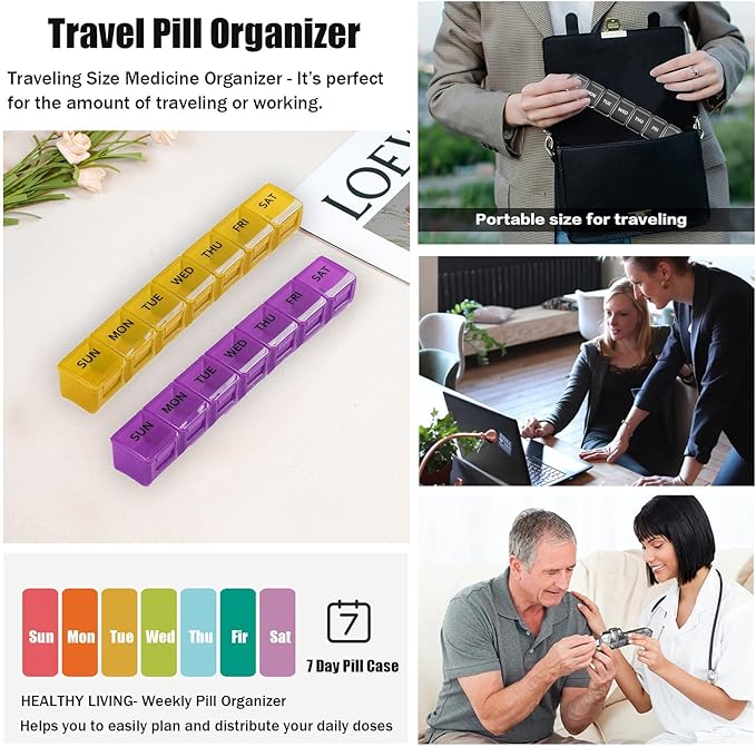 2 Pack Weekly Pill Organizer, Large 7 Day Pill Case, Daily Vitamin Case Medicine Box, AM/PM Pill Containers for Medicine Supplements Fish Oil (Orange & Purple)