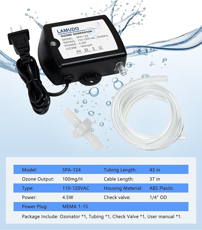 Ozone Generator for Hot Tubs and Cold Plunge, 100 mg/h, Upgraded SPA-124 Spa Ozonator Kit for Swim Spas, Portable Mini Ozone Machine with Check Valve and Tubes, 110-120V AC(NEMA 1-15 Plug)