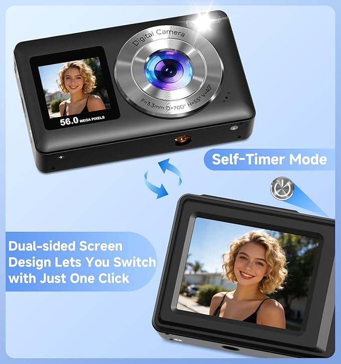 Digital Camera,56MP Dual-Screen Point and Shoot Camera with Auto Focus,Smile Capture,Anti-Shake,16X Zoom,32GB SD Card Travel Camera Gift for Boys Girls Teens