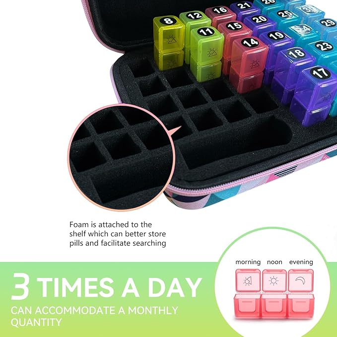 31-Day Monthly Pill Organizer with 3 Daily Compartments, Travel Medication Box with Pill Cutter, AM PM Storage Case (Rhombus 31-Day Medication Storage Box)