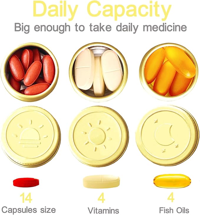 Extra Small Single Pill Box for Purse (3 Pack), Aluminum Screw Top Pill Container, 3 Times a Day Portable Waterproof Single Pill Case for Vitamins, Fish Oils, Supplements (Light Yellow)