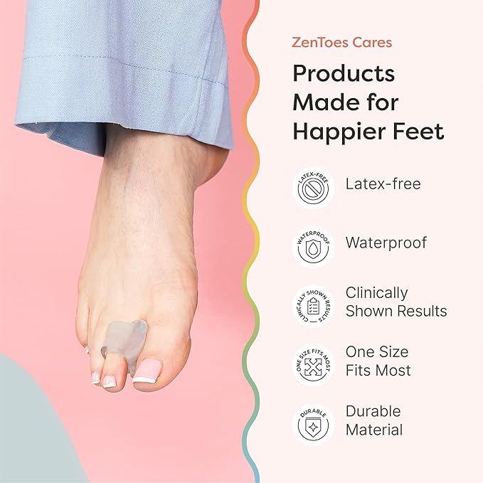 ZenToes Firm Gel Toe Separators for Overlapping Toes, Bunions, Big Toe Alignment, Corrector and Spacer, Strong Support - 4 Pack (Firm Frosted Clear)