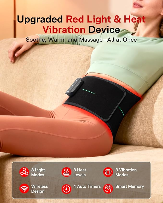 Medisana 3-in-1 Red Light Therapy Belt, Cordless & Portable Infrared Red Light Therapy for Body with Red Light/Pulse/Heat/Vibration - 660nm/850nm for Back Pain Relief (Regular)