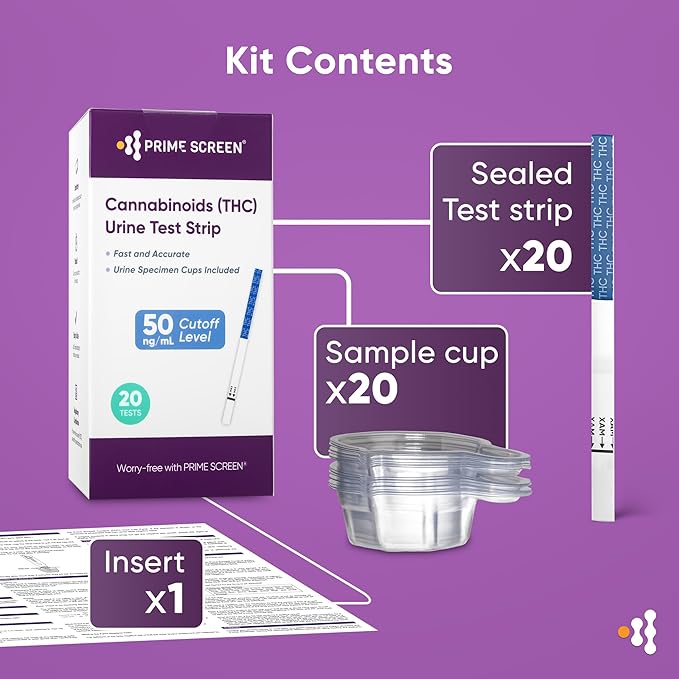 PRIME SCREEN® Cannabinoids (THC) Urine Test Strip 20 Pack with Cups Included, Highly Accurate and Sentitive at Home Marijuana Drug Test Kit